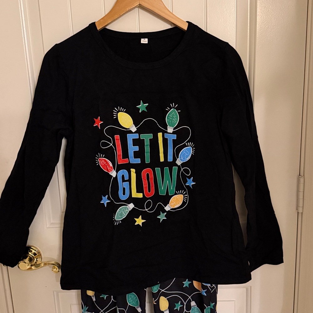 Family Set of 3 Black 'Let It Glow' Baby Onesie, Mom and Dad’s Festive Pijamas.